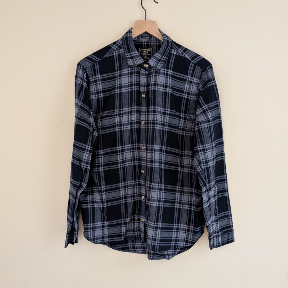 Abercrombie & Fitch Blue and Gray Plaid Flannel Button Down Boyfriend Shirt - Picture 1 of 3
